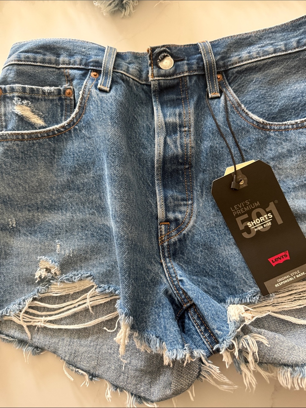 Levi's Blue Distressed High-Rise Jean Shorts